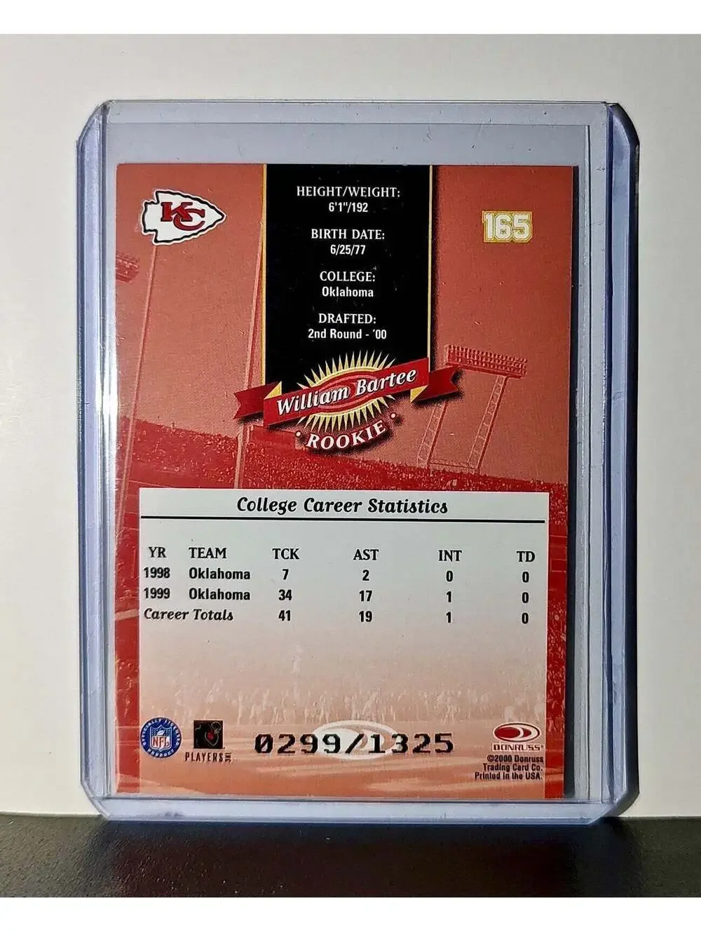 William Bartee Rookie 2000 Donruss NFL #165 Card Kansas City Chiefs